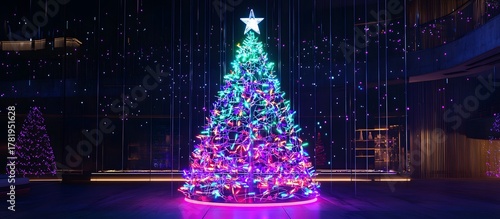 digital Christmas tree on a dark blue background