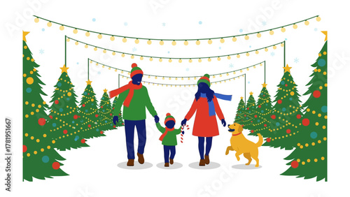 Holiday Stroll: A family bundled in winter attire strolls joyfully through a festive, snow-covered lane, adorned with twinkling lights and decorated christmas tree.