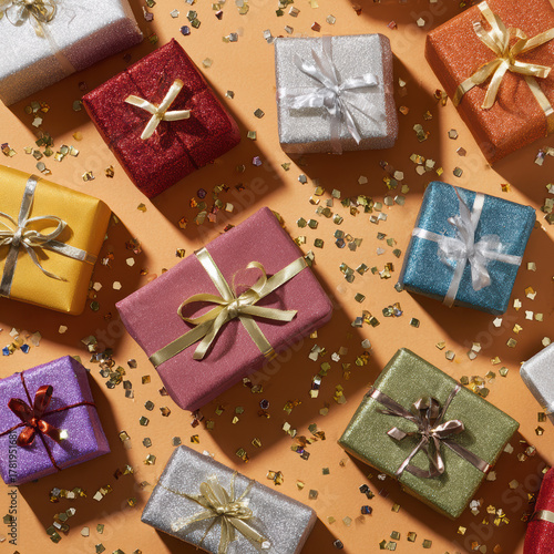 Wallpaper Mural Flat lay top view of small holiday gifts, wrapped in colorful paper with shiny metallic ribbons Torontodigital.ca