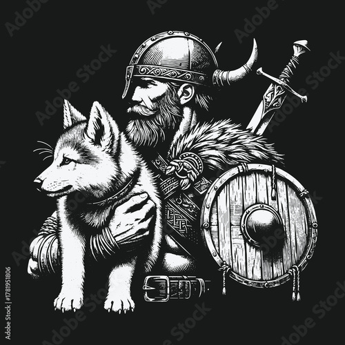 Monochrome illustration of a Viking warrior with his wolf companion.