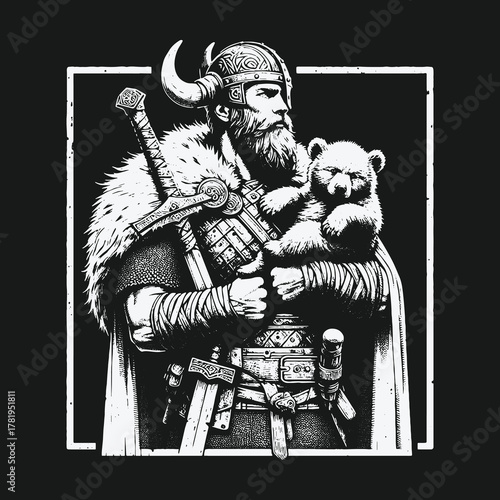 Fierce Viking warrior holding a sword and a cute bear cub.