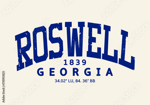 Retro college varsity typography roswell georgia state slogan with grunge effect for jersey, t-shirt, or wall art design - Vector