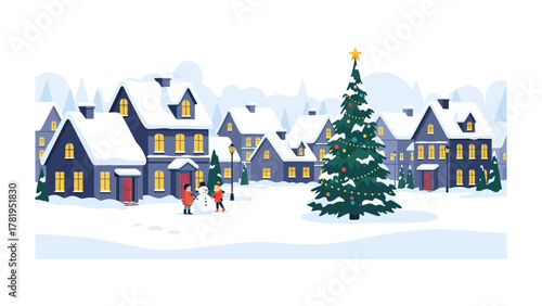 Winter Wonderland Village: A whimsical illustration captures a charming village blanketed in snow, festive lights, and a towering Christmas tree. Children play in the snow.