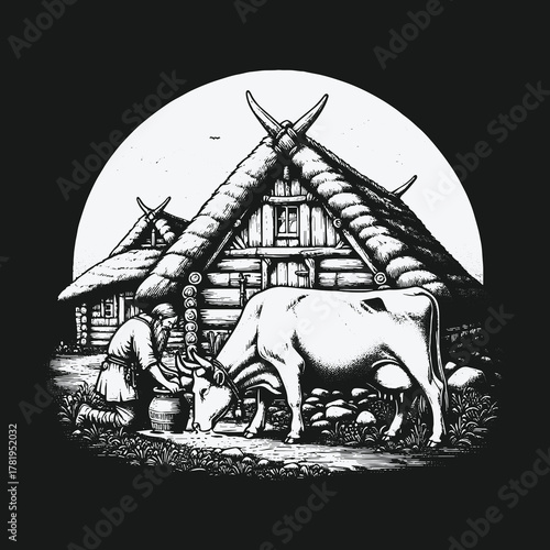 Vintage illustration of a farmer milking a cow by a rustic longhouse.