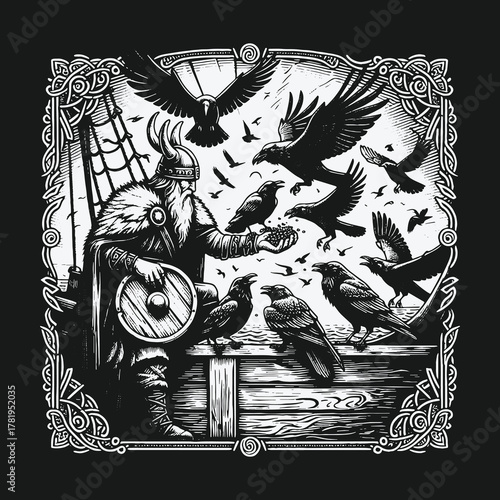 Monochrome Norse Viking Warrior Feeding a Flock of Ravens.