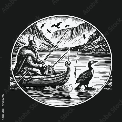 Viking fisherman with a cormorant in a traditional Norse boat on a fjord.