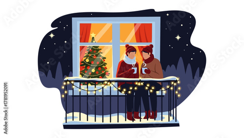 Winter Balcony Serenity: Two figures stand on a balcony, sipping warm drinks and gazing at a lit Christmas tree through a window. The scene captures the tranquility of a winter evening.