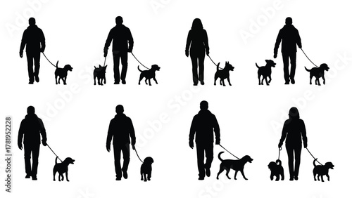 People walking dogs silhouette collection isolated on white background, Vector