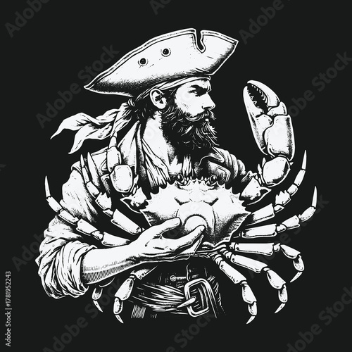 Vintage pirate captain holding a giant sea crab illustration.