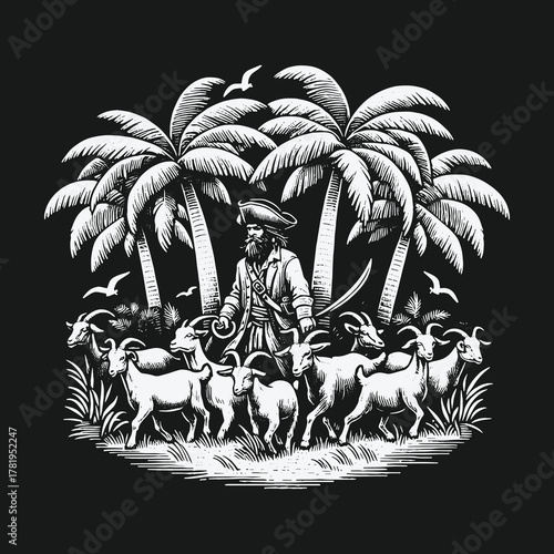 Vintage pirate captain with a cutlass and a herd of goats on a tropical island.