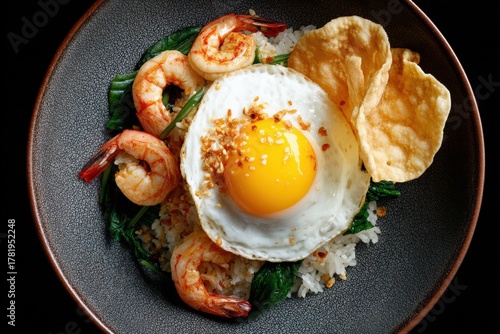 Culinary artistry displayed with a decadent arrangement of succulent shrimp egg yolk garnished with crispy crackers on a bed of aromatic rice and leafy greens captured with clarity