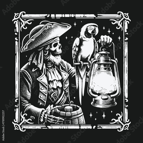 Undead pirate captain skeleton with his parrot and a glowing lantern.