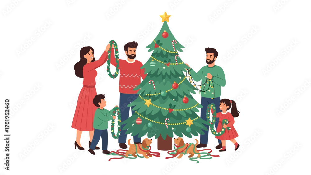 © Tahura - Festive Family Decorating the Christmas Tree: A happy family is gathered together, working as a unit to decorate their Christmas tree with garland, ornaments and festive decorations. © Tahura - Festive Family Decorating the Christmas Tree: A happy family is gathered together, working as a unit to decorate their Christmas tree with garland, ornaments and festive decorations.