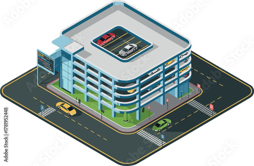 City Parking Building Isometric Vector Illustration — Urban Car Park and Transportation Concept