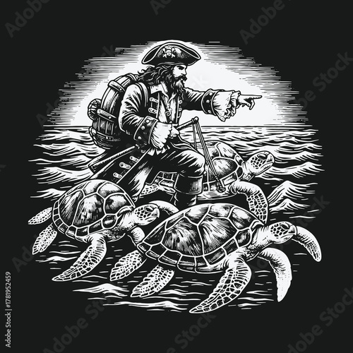 Adventurous Pirate Captain Riding Giant Sea Turtles Across the Ocean.