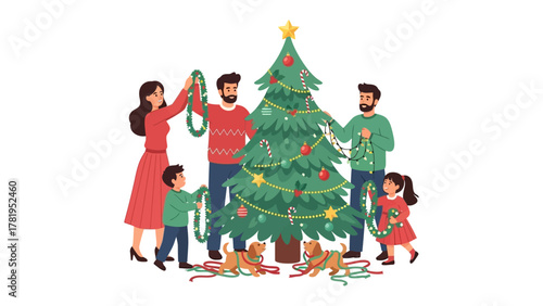 Festive Family Decorating the Christmas Tree: A happy family is gathered together, working as a unit to decorate their Christmas tree with garland, ornaments and festive decorations.