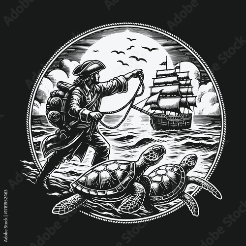 Fantastical pirate journey with a turtle drawn sea chariot.