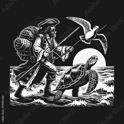 Vintage pirate adventurer walking the sea with a turtle and seagull.