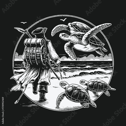 Pirate adventurer walking on a beach with magical flying sea turtles.