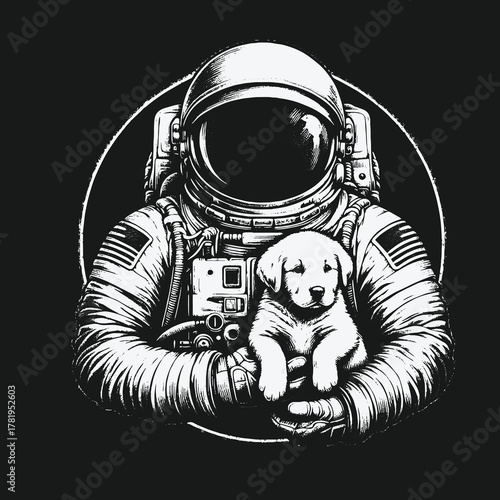 Monochrome Illustration of an Astronaut Cradling a Small Puppy.
