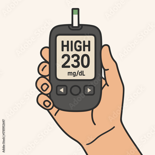 Hand Holding Glucose Meter Showing High Blood Sugar Level – Diabetes Monitoring Illustration
