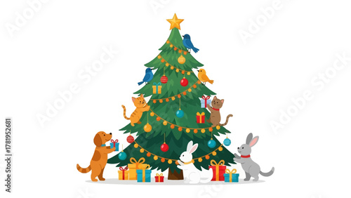 Holiday cheer: A festive Christmas tree adorned with ornaments and gifts, surrounded by adorable animal friends. Celebrating the magic and warmth of the holiday season.