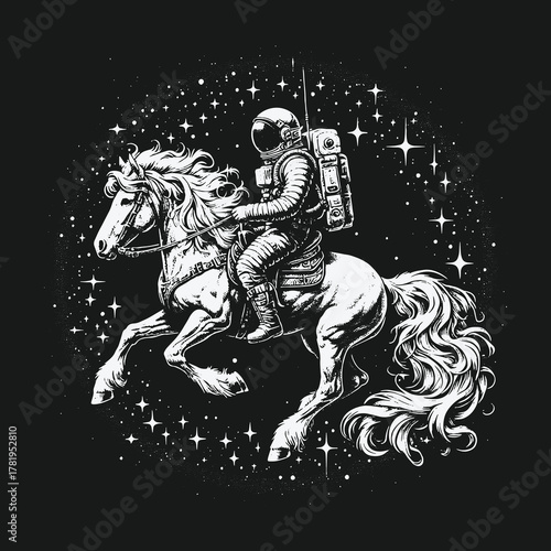 Astronaut Space Rider on a Celestial Horse Amidst Stars.