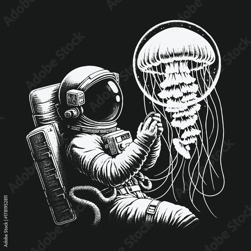 Surreal cosmic encounter between an astronaut and a giant jellyfish.