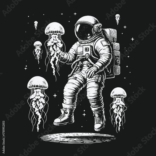 Surreal Space Scene with Astronaut and Floating Jellyfish.