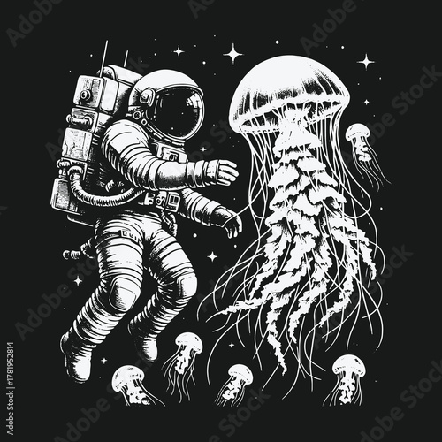 Monochrome illustration of an astronaut meeting giant jellyfish in space.