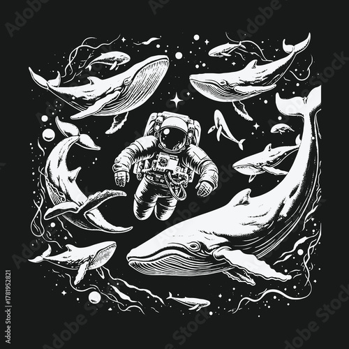 Surreal Astronaut Floating with Whales in Cosmic Ocean Illustration.