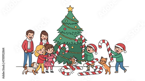 Christmas Gathering: A warm family moment during the holiday season, gathering around a decorated Christmas tree with cheerful decorations, creating an atmosphere of joy and togetherness.
