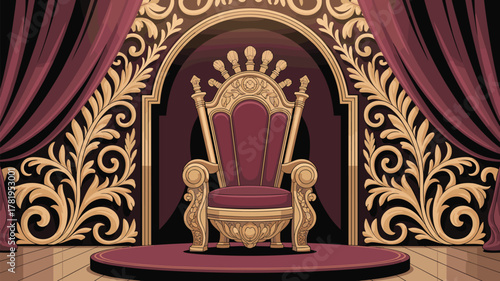Ornate Royal Golden Throne Red Cushion Luxury Interior Design Vector