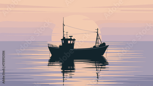 Silhouette Fishing Boat Calm Sea Peaceful Sunset Ocean Scenery Vector