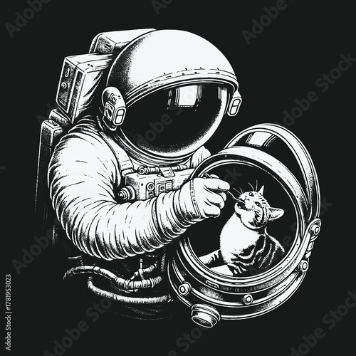 Astronaut in space caring for a small cat in a helmet.