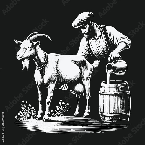 Vintage black and white illustration of a farmer milking a goat and pouring milk into a barrel.