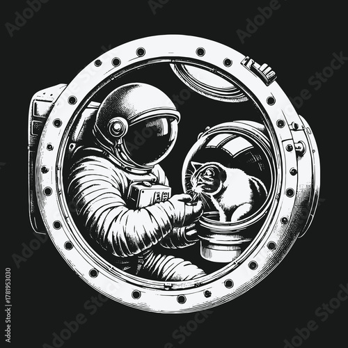 Astronaut and Space Cat Companion Viewed Through a Spaceship Porthole.