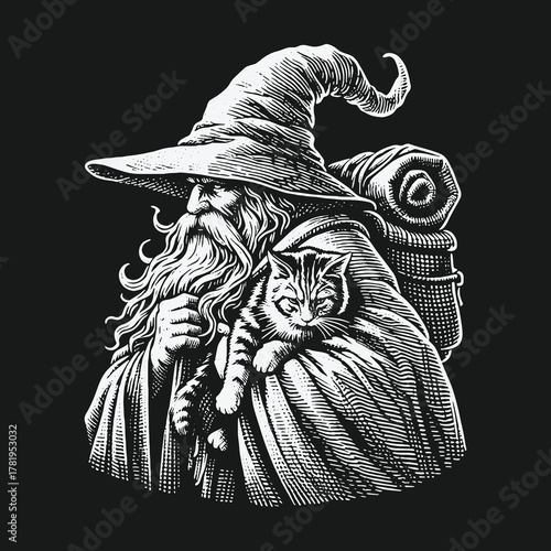 Vintage black and white illustration of a traveling wizard and his cat companion.
