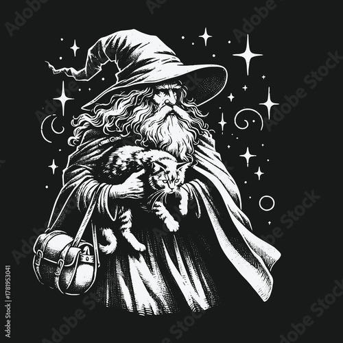 Monochrome illustration of a wise old wizard holding a cat.