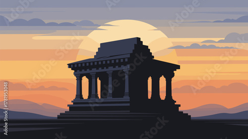 Temple Building Silhouette Flat Illustration Sunset Sky Design Graphic