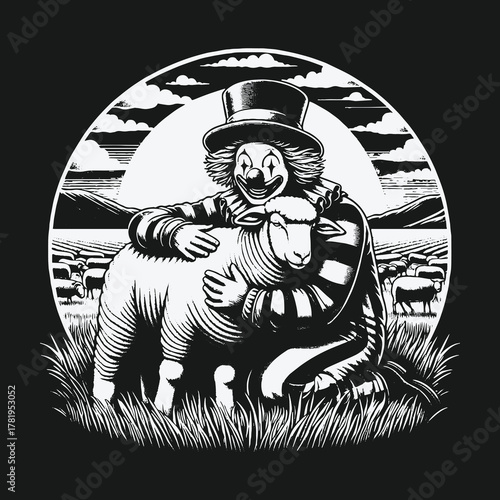 Surreal black and white illustration of a clown hugging a sheep in a pastoral landscape.