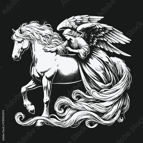 Classical black and white engraving of a mythical angel riding a majestic horse with flowing mane.