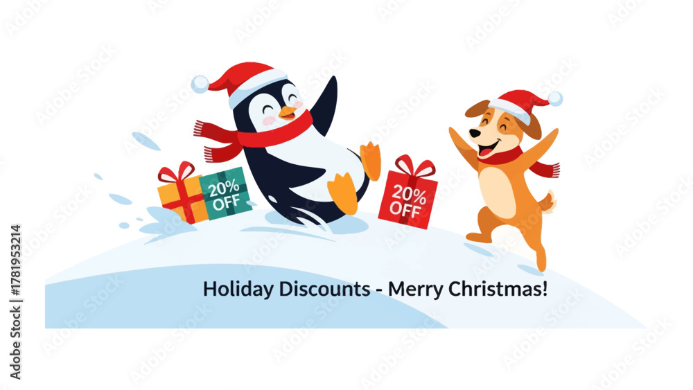 Naklejka premium Festive Friends on Snowy Hill: A cheerful penguin and a playful dog, both adorned with festive accessories, frolic on a snowy hill near gift boxes.