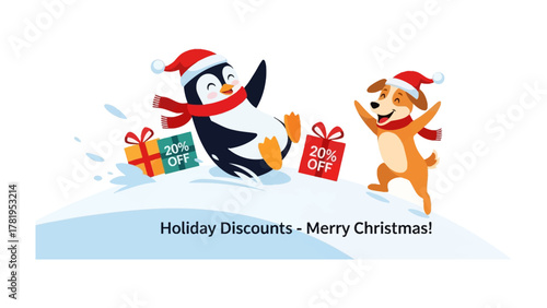 Festive Friends on Snowy Hill: A cheerful penguin and a playful dog, both adorned with festive accessories, frolic on a snowy hill near gift boxes.