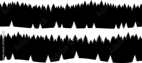 Seamless silhouette forest landscape with multiple rows of pine trees
