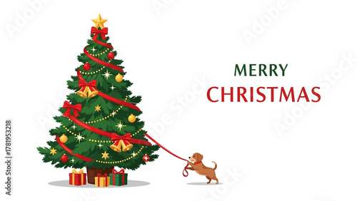 Festive Christmas Cheer: A dachshund dog tugs on a leash toward a beautifully adorned Christmas tree, celebrating the joy and spirit of the holiday season.