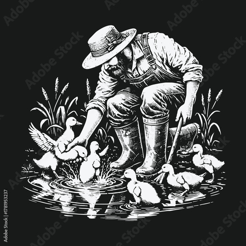 Caring farmer in overalls and a hat with cute ducklings at the lake.