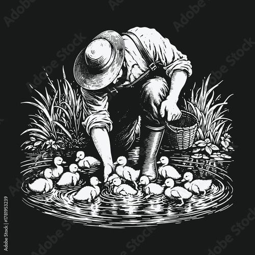 Vintage black and white illustration of a farmer feeding ducklings in a pond.