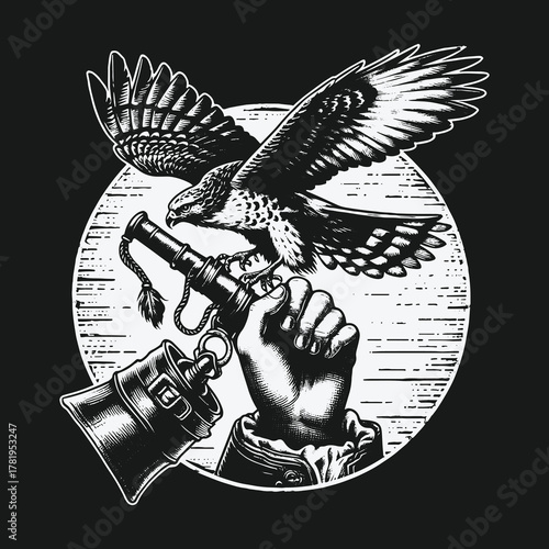 Vintage style illustration of a powerful hawk on a falconers hand.