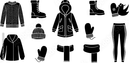 Winter clothing icons set – silhouette, solid, cold weather and apparel symbols
